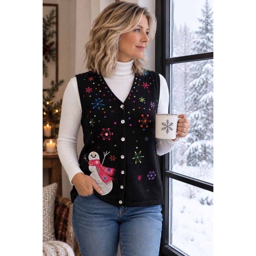 Kim Rogers Black Holiday Vest Appliquéd Snowman Sequined Buttons Ugly Sweater L